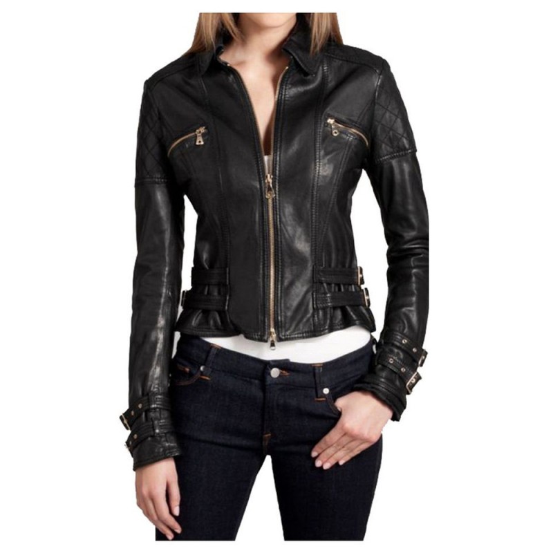 Women Leather Jacket Buckle Style Slim Fit Fashion Motorbike Jacket